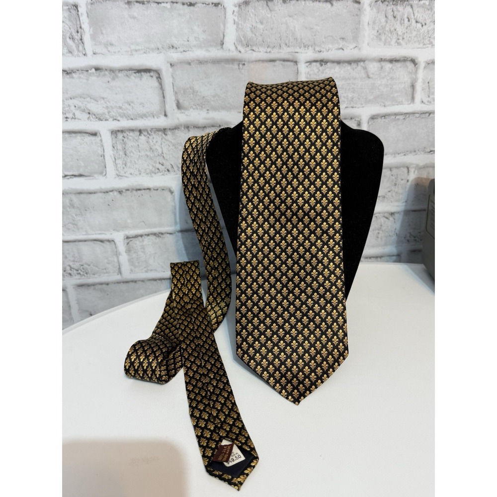Enzo Felini All Silk Necktie Black Gold Fleur-de-Lis Made in France Vintage